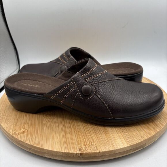 Clarks 35325 Womens size 10 Brown Leather Slip-On Mules comfort cushioned - Picture 1 of 8